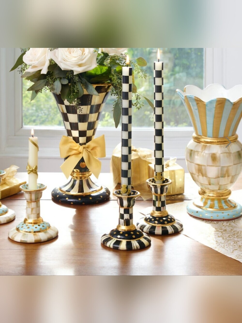 NEW! MacKenzie-Childs Turquoise & Gold Striped & Checkered Vase, Parchment Check - Picture 2 of 9